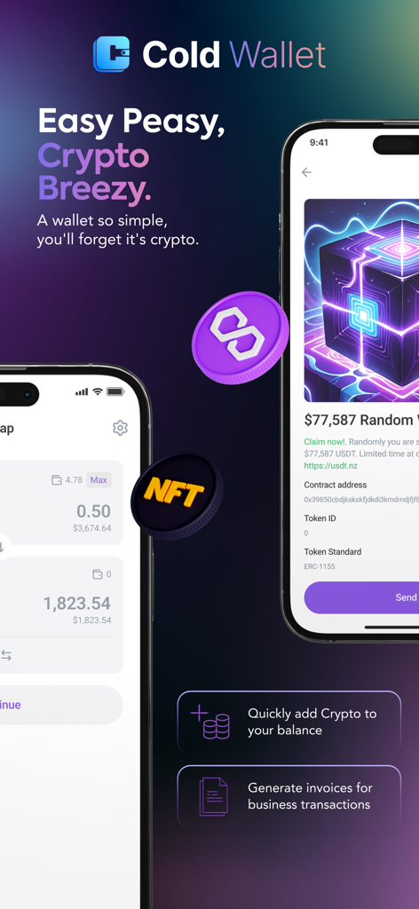 iPhone의 콜드 월렛 앱 인터페이스가 암호화폐 스와핑 및 NFT 컬렉션 관리를 보여줍니다.
