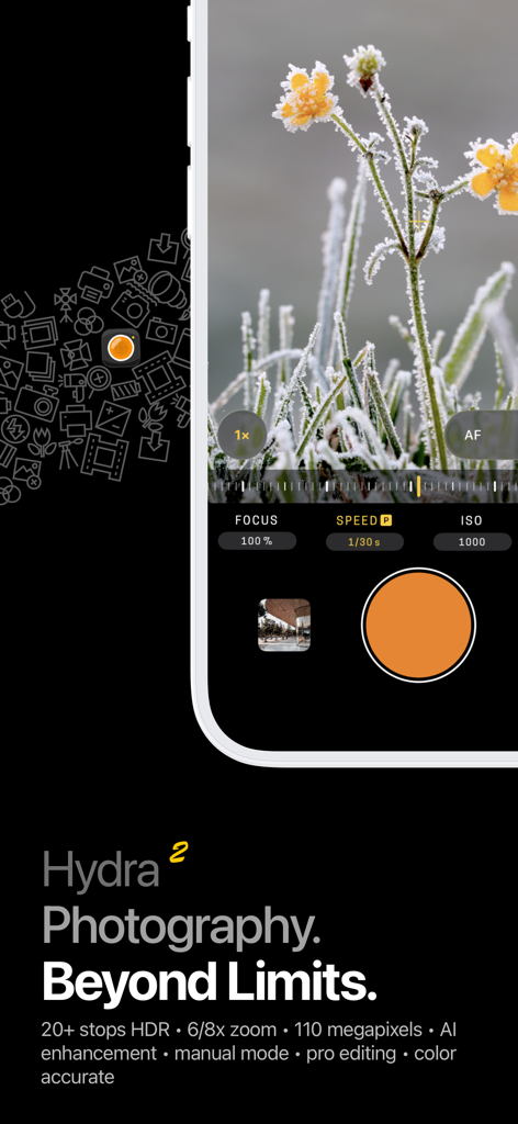 Hydra 2 › AI Camera: RAW + HDR - Interfaz de la aplicación de cámara IA Hydra 2 mostrando configuraciones de fotografía manual y una foto macro de flores escarchadas