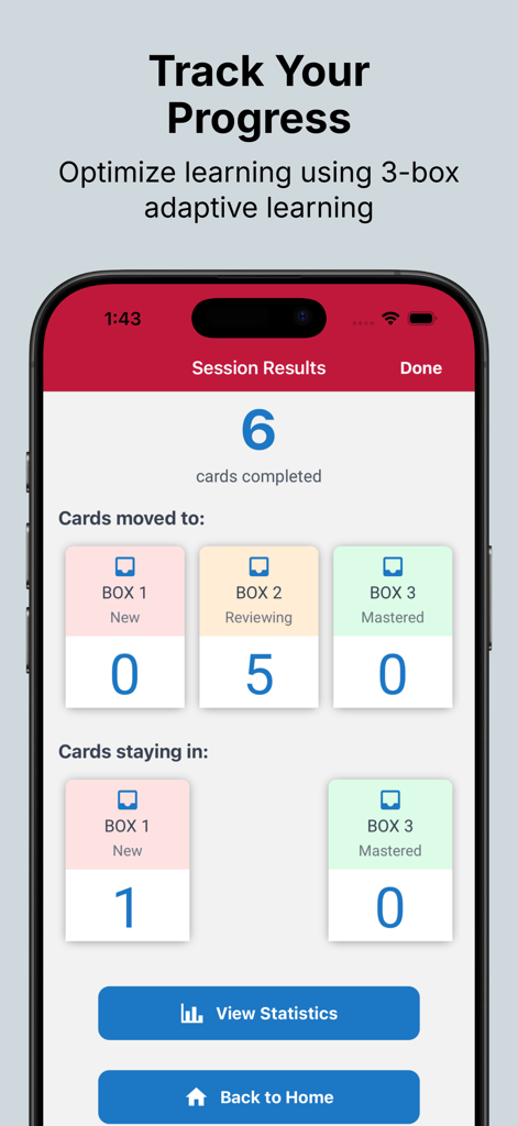RxFlip - Pantalla de resultados de sesión de RxFlip que muestra el seguimiento del progreso con aprendizaje adaptativo de 3 cajas