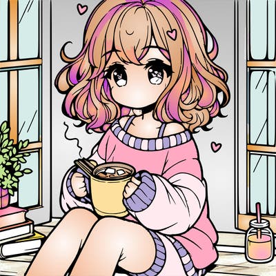 cute anime girl reading book and drinking hot chocolate from mug with loose wavy hair wearing a baggy sweatshirt and shorts sitting by windowsill looking out