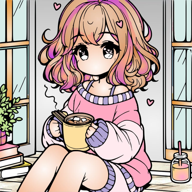 cute anime girl reading book and drinking hot chocolate from mug with loose wavy hair wearing a baggy sweatshirt and shorts sitting by windowsill looking out