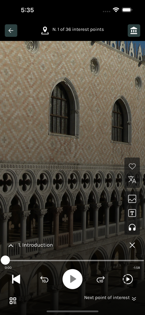 MuVe - Pantalla de audioguía de la app MuVe que muestra la introducción al Palacio Ducal con controles de reproducción e íconos del museo.