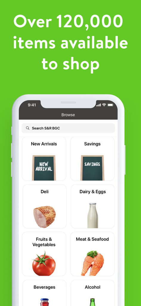 MetroMart: #1 Grocery Delivery - MetroMart app browse screen showing various grocery categories including fresh produce meat and dairy with a header mentioning over 120000 items