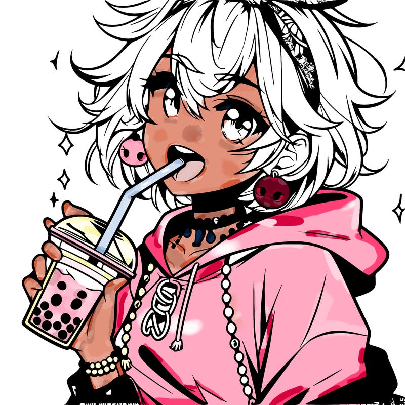 hot baddie anime girl drinking boba and biting the straw