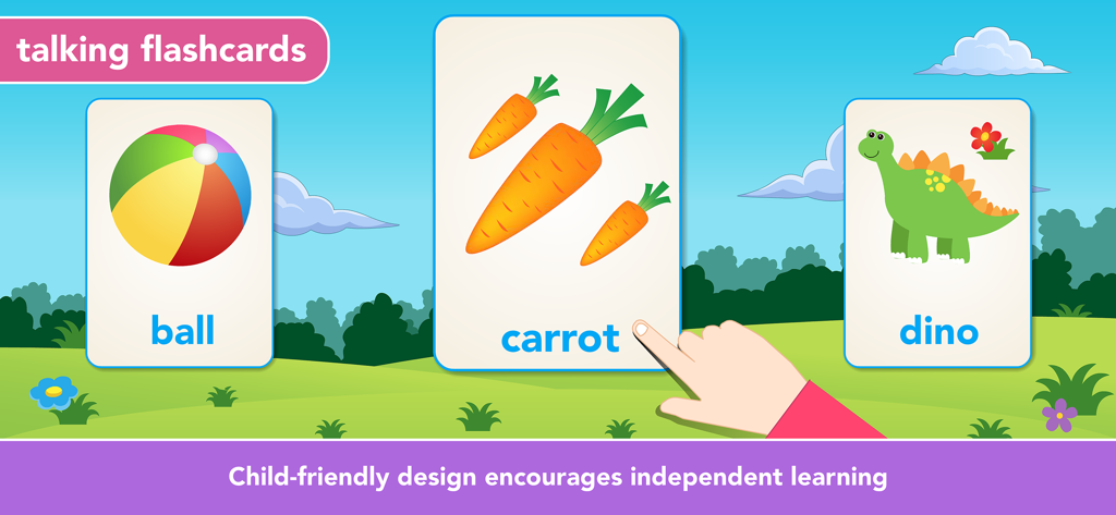Toddler Games For 2 Year Olds. - Interactive talking flashcards for toddlers teaching first words including ball, carrot, and dinosaur
