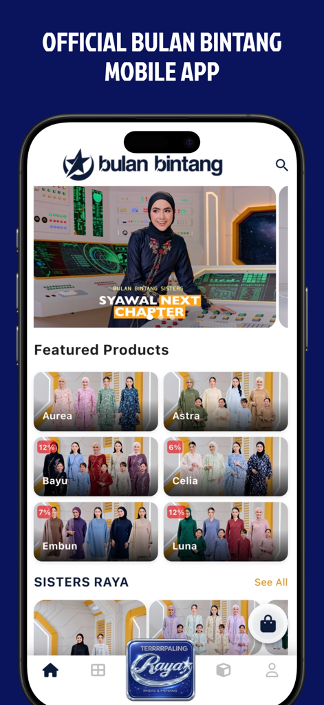 Bulan Bintang - La pantalla de inicio de la aplicación móvil Bulan Bintang con varias colecciones de moda modesta para mujeres y familias.
