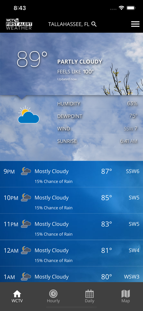 WCTV First Alert Weather app interface showing Tallahassee current temperature and hourly forecast