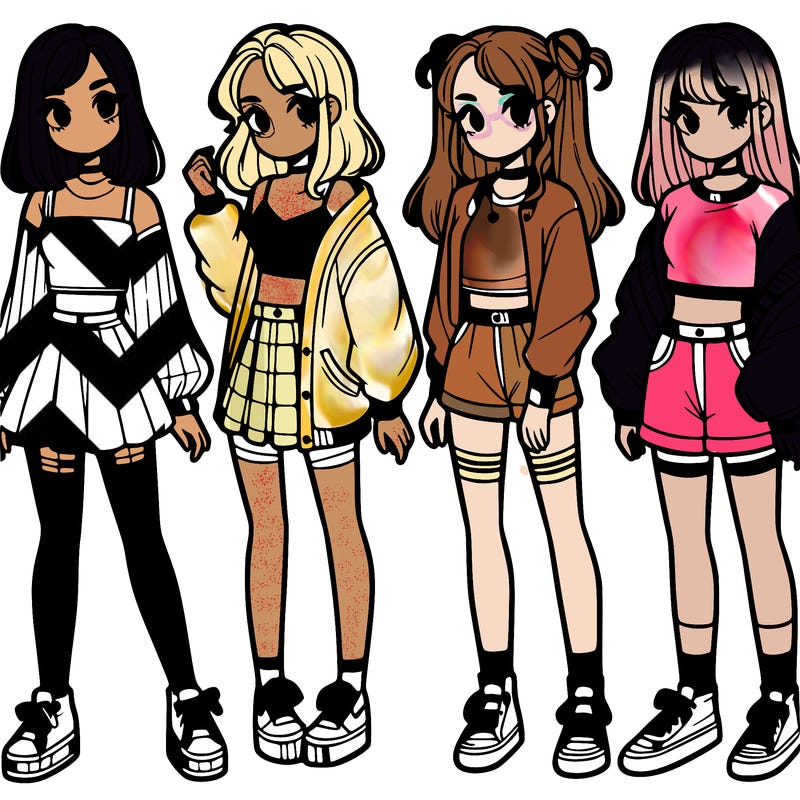 one girl with crop-top shirt and a jacket with a skirt, long socks and another girl with a shirt and pants with a jacket
