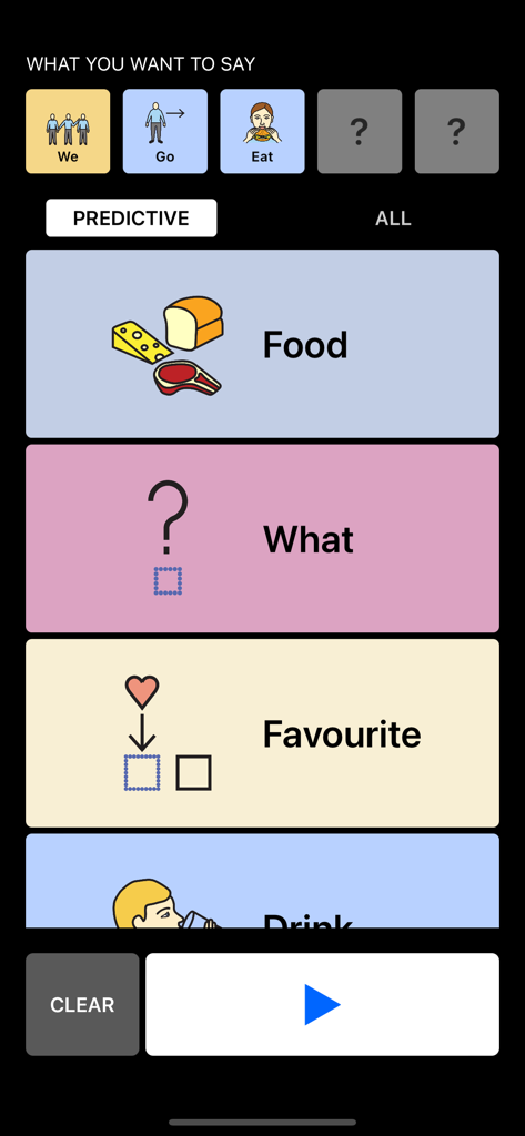 Interface of the Speak Your Mind AAC app showing predictive word choices including Food and Favourite with a sentence builder at the top