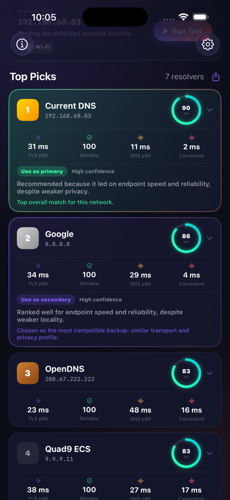 DNS Benchmark+ - DNS Benchmark Plus app interface showing a ranked list of top DNS resolvers with latency and reliability metrics