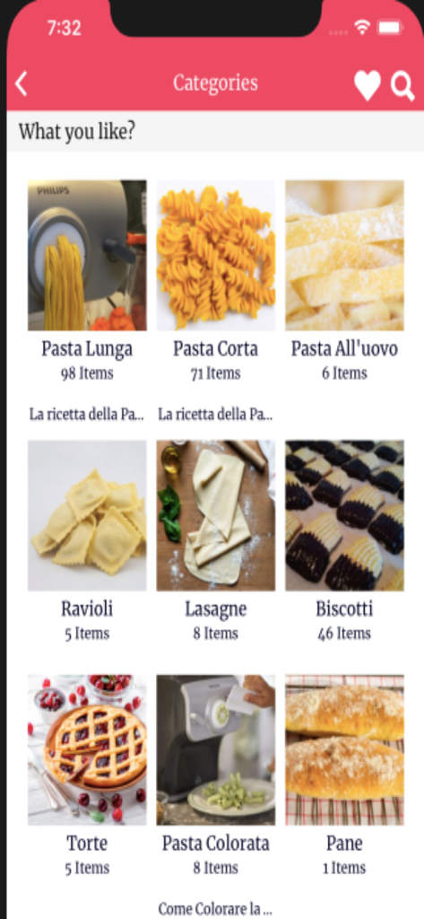 Ricette Pasta Maker - Uno schermo dall'app Ricette Pasta Maker che visualizza varie categorie di ricette come pasta lunga, pasta corta e pasta colorata