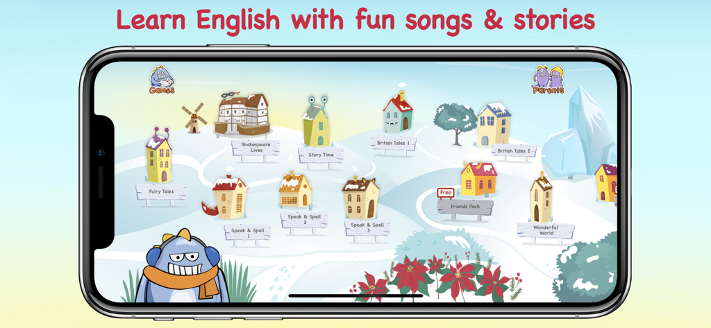 LearnEnglish Kids: Playtime - Mapa da vila do aplicativo LearnEnglish Kids Playtime com ícones de histórias educacionais e jogos