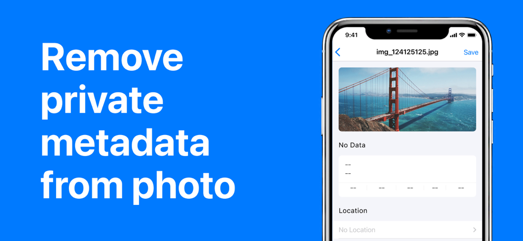 EXIF MetadataーMetadata Remover - A smartphone displaying an app interface used to remove private metadata and GPS locations from photos