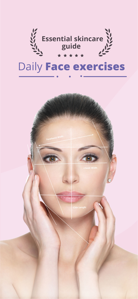 Essential skincare guide and daily face exercises app screen showing facial analysis lines