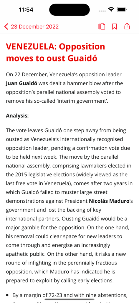 LatinNews - Screenshot of a political analysis article about Venezuela in the LatinNews app