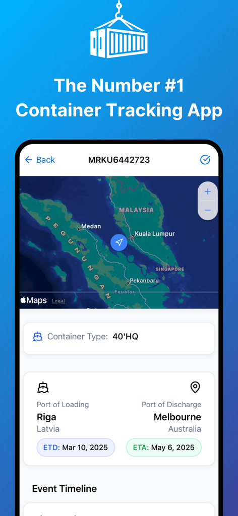Container Tracking App - Container Tracking App showing a live shipment map with estimated time of arrival