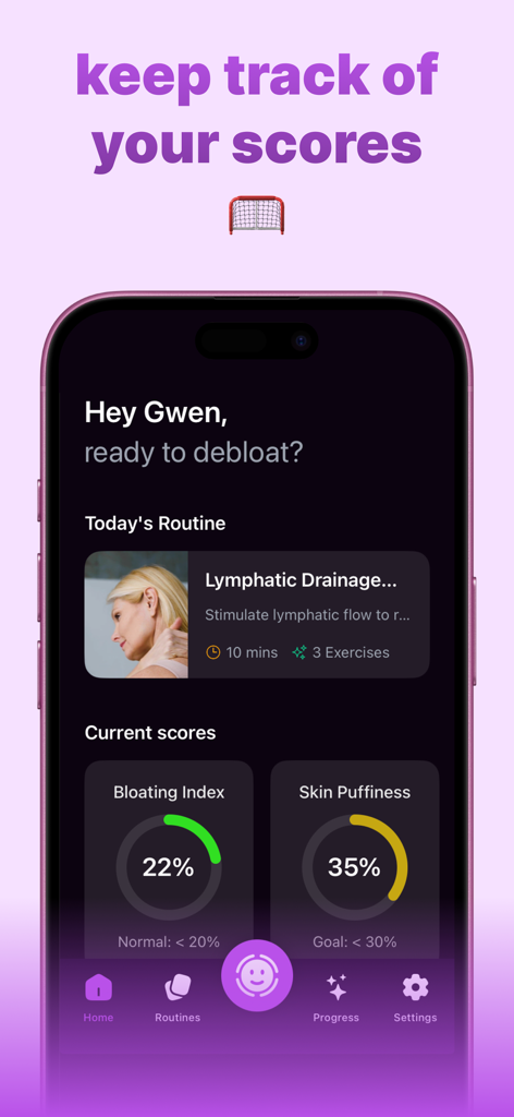 Debloat AI - Facial Asymmetry - Painel do aplicativo Debloat AI mostrando o índice de inchaço facial e as pontuações de inchaço da pele