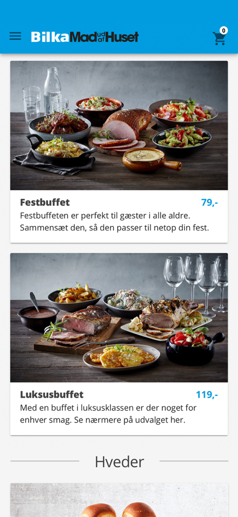 Selection of party and luxury buffet catering options in the Bilka app