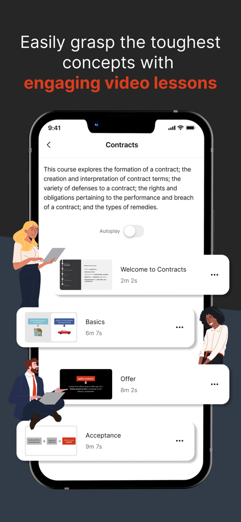 Quimbee app interface showing a list of legal video lessons for a contracts course