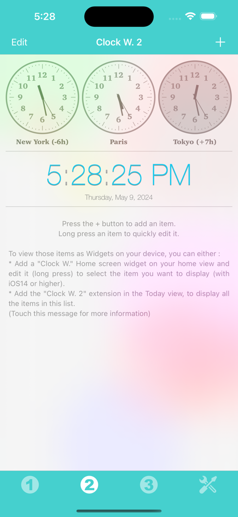 Clock Widget - Bildschirm der Clock Widget App, der analoge Weltuhren für New York, Paris und Tokio sowie eine große Digitaluhr anzeigt