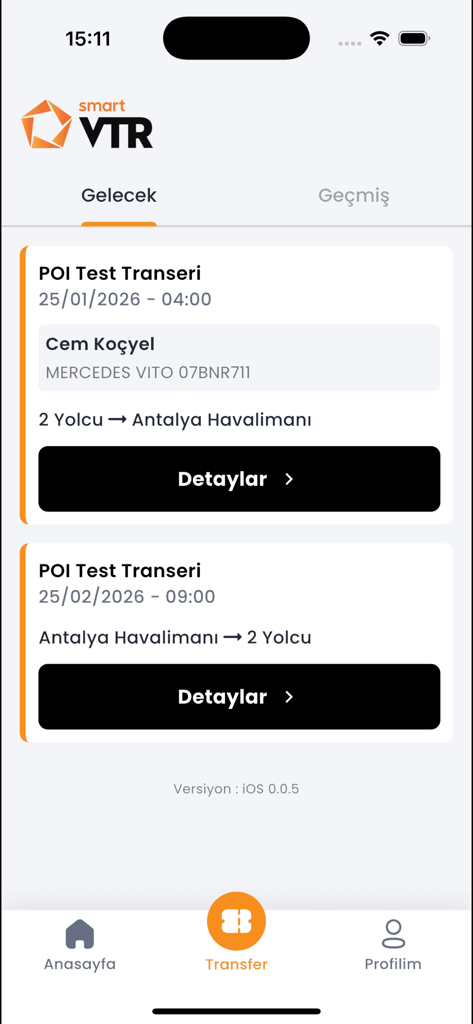 VTR Smart - VTR Smart app interface showing a list of upcoming vehicle transfers and airport trips.