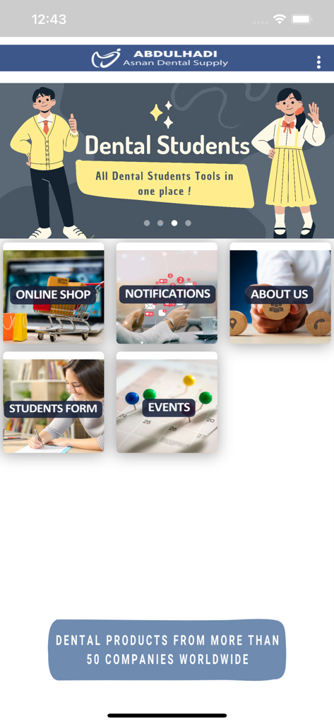 Abdulhadi -Asnan Dental Supply - Home screen of the Abdulhadi Asnan Dental Supply mobile app showing the online shop and dental student tools