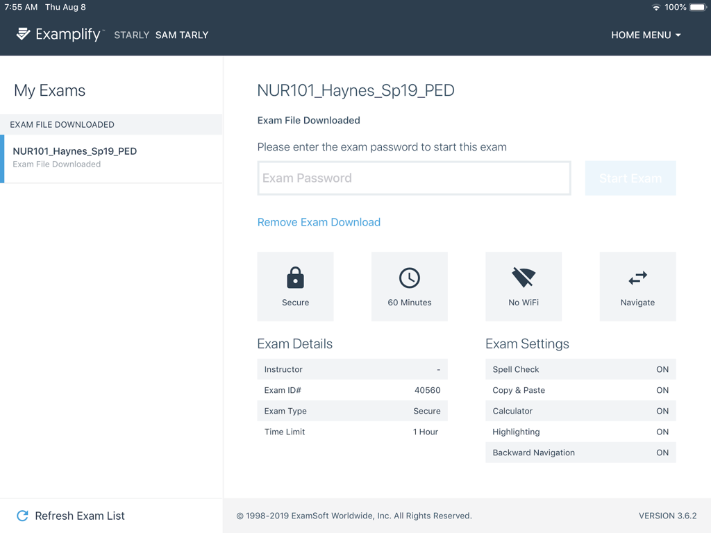 Examplify dashboard on iPad showing details for a nursing exam including security settings and time limit