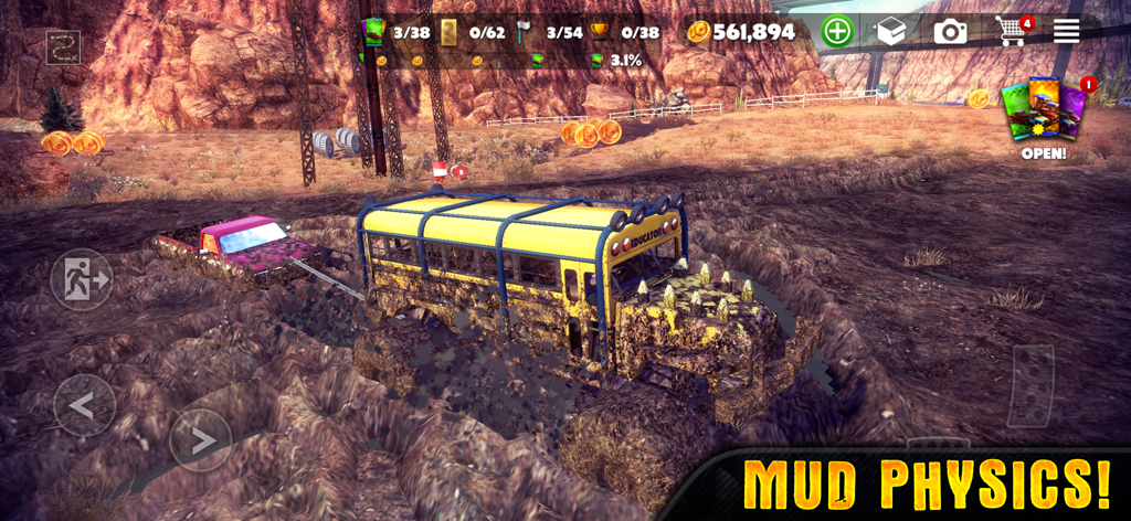 A monster school bus driving through deep mud in Off The Road OTR Mud Racing simulator