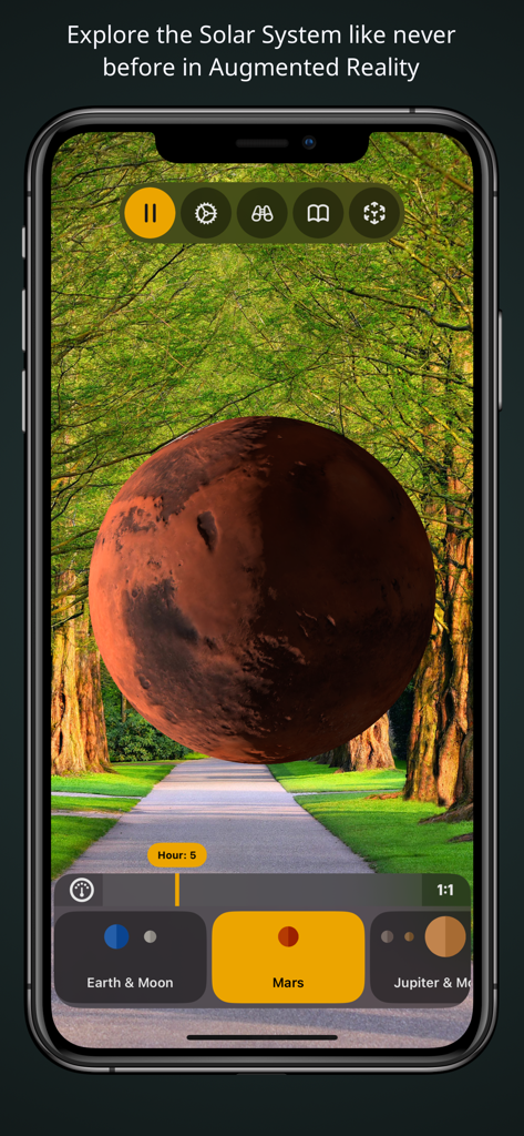 A realistic 3D model of Mars floating over a tree-lined park path in augmented reality via a smartphone screen.