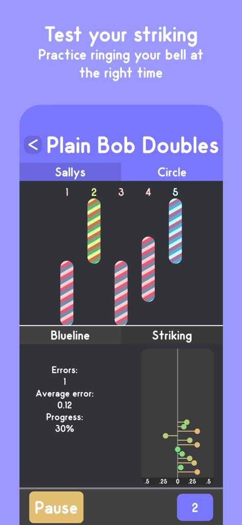 Campana - Interface do aplicativo Campana mostrando o modo de prática de toque para precisão no toque de sinos