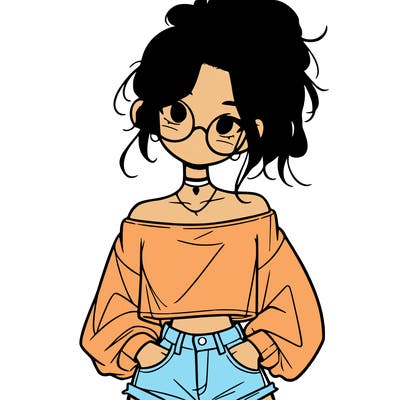 girl with a messy ponytail glasses a baggy crop top and jean shorts