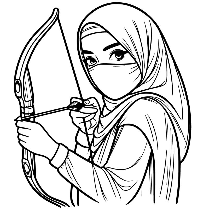 realistic muslim woman with covered face holding a drawn bow