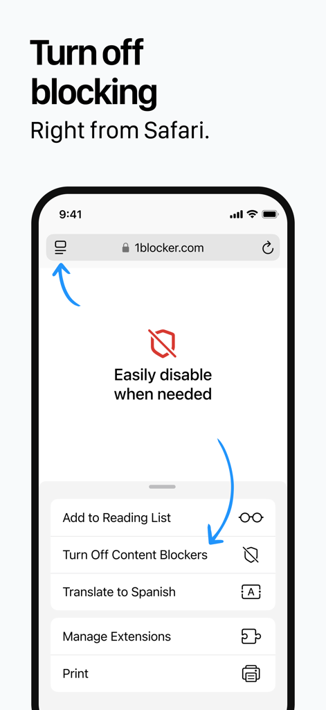 1Blocker - Screenshot of 1Blocker showing the option to turn off content blockers directly within the Safari menu