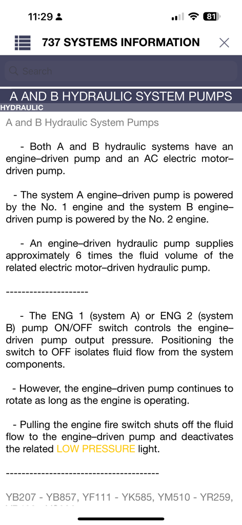Una captura de pantalla de la aplicación 737 Virtual Panel que muestra información técnica sobre las bombas del sistema hidráulico del Boeing 737.