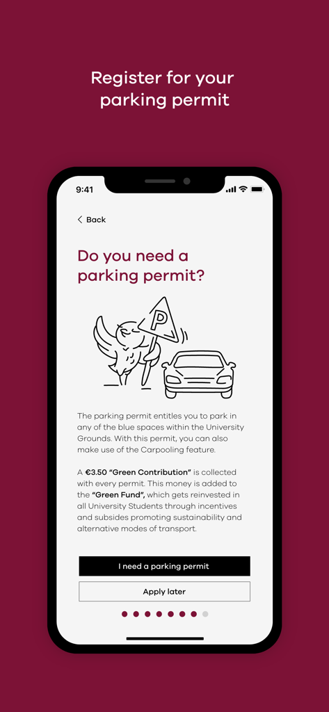 myKSU - Smartphone screen displaying the myKSU app parking permit registration page with green fund details