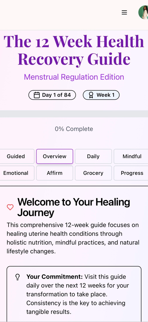 WombWisdom by Nourishment 101 - Dashboard of the 12 week health recovery guide for menstrual regulation