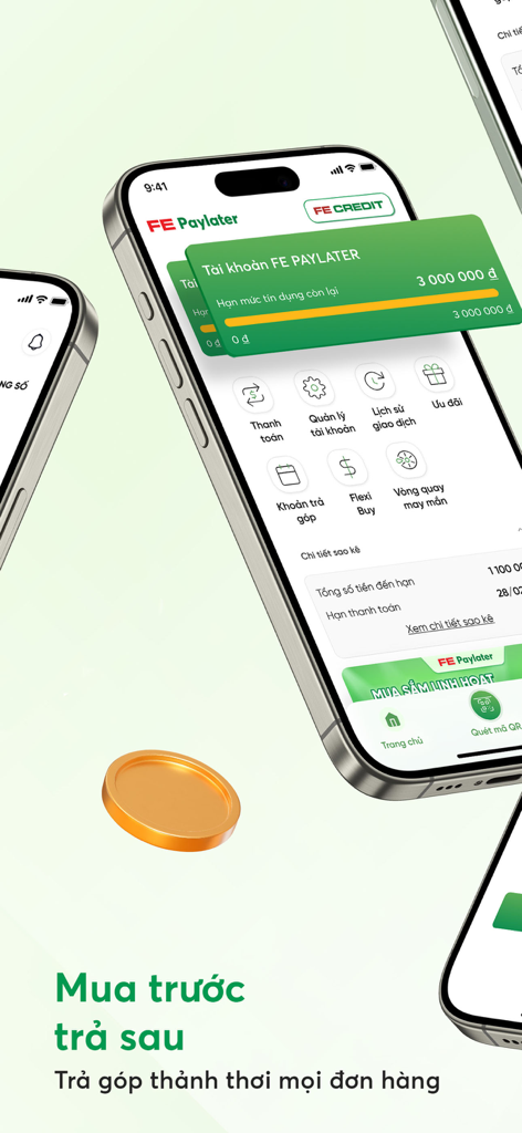 Interface do aplicativo FE Online 2.0 exibindo o recurso FE Paylater compre agora pague depois e opções de pagamento parcelado.