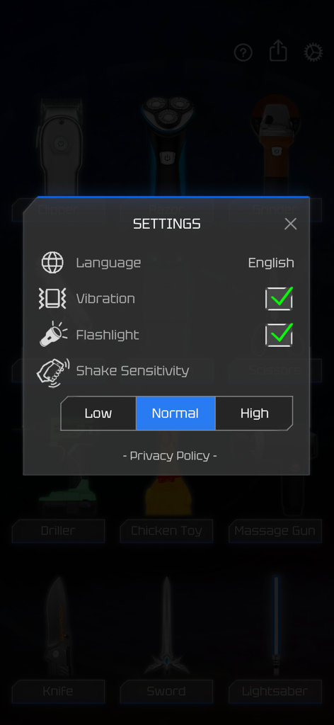 Prank Tools - Settings menu of the Prank Tools app showing vibration and shake sensitivity options