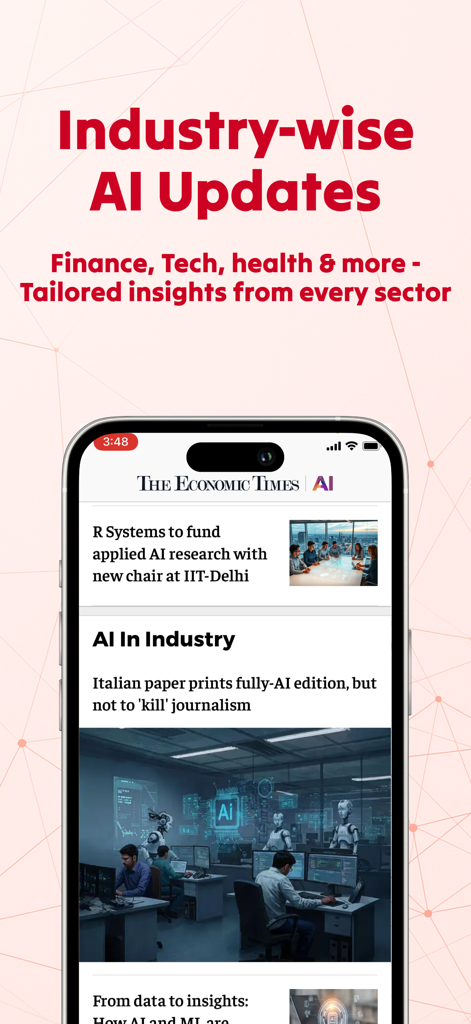 ET AI: On-the-Go AI News App - Mobile app interface of ET AI showing tailored artificial intelligence news and industry-wise updates.