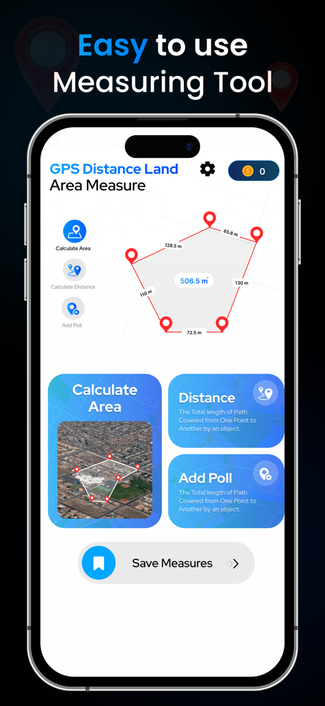 GPS Field Measure : Area Calc - Interface of GPS Field Measure app showing area and distance calculation tools.