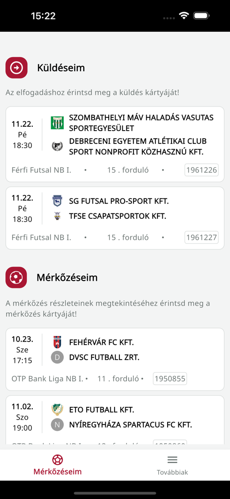 MeccsnApp dashboard showing upcoming soccer and futsal match assignments for Hungarian referees