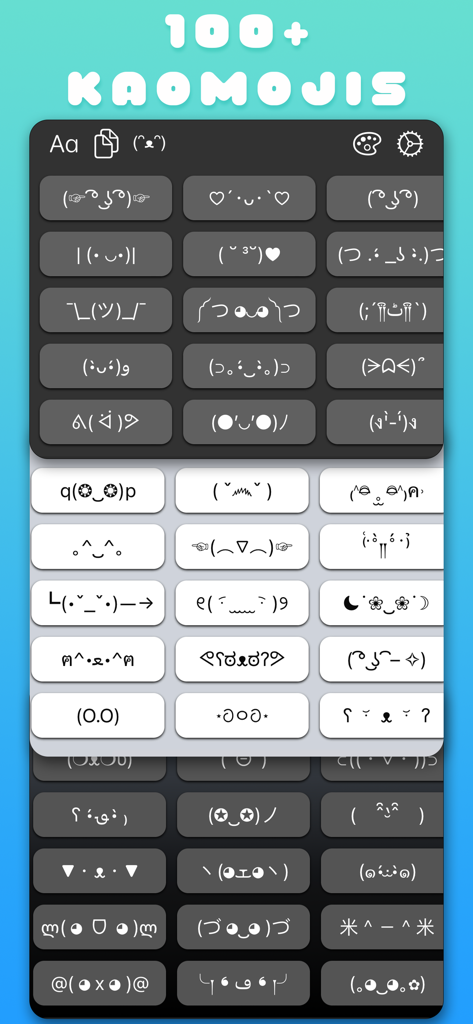 Custom Keyboard Fonts Fontsify - Una interfaz de teclado móvil personalizada que muestra una amplia variedad de caras de texto kaomoji.