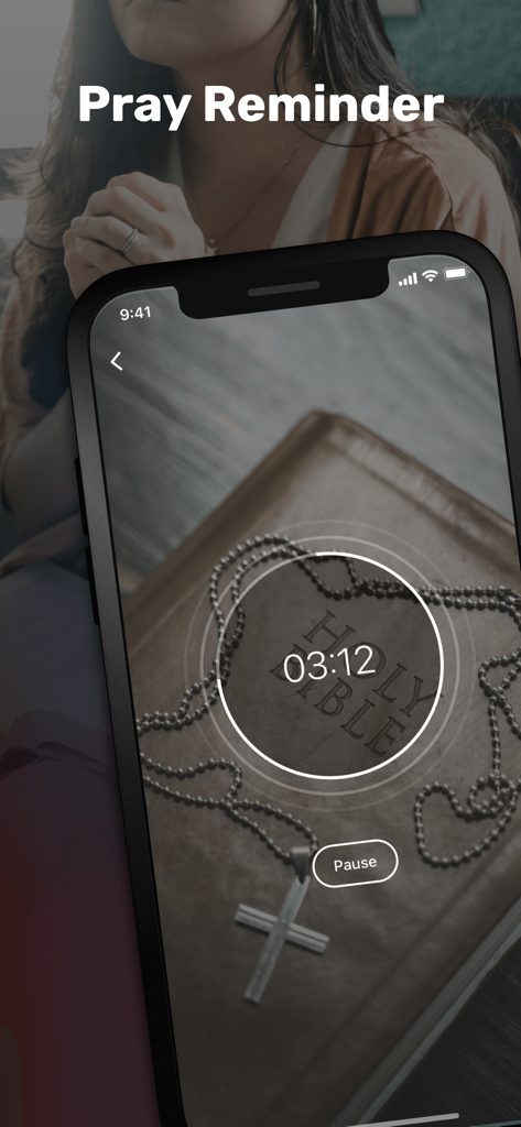 The Bible App-Daily study - A smartphone screen showing a prayer timer feature with a Holy Bible and cross background.