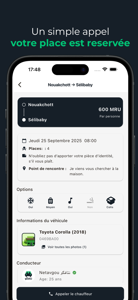 Netavgou - نتافگو - Netavgou app interface showing ride details for a trip from Nouakchott to Selibaby including price vehicle information and driver contact