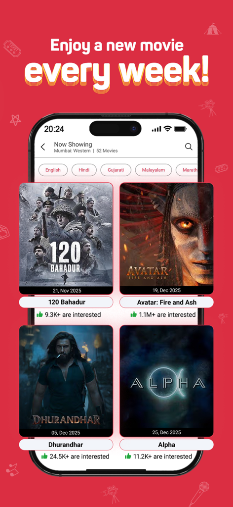 BookMyShow App-Oberfläche, die aktuelle und kommende Filme mit Interessenzahlen und Veröffentlichungsdaten anzeigt