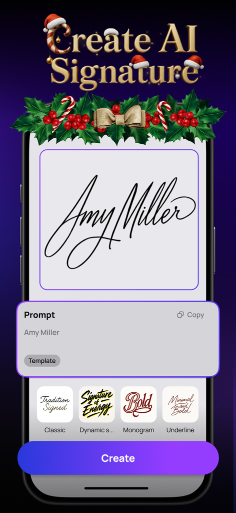AI Art Generator & Logo - Hexa - A mobile app interface showing how to create a custom AI-generated signature with festive holiday decorations and various font style templates.