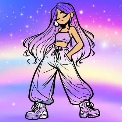 girl in baggy pants crop top and long hair