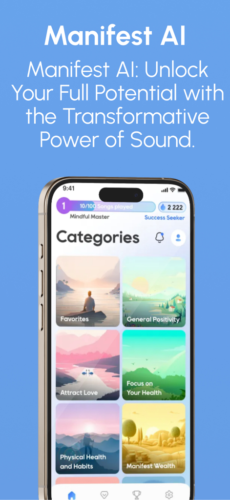 Manifest AI: Bye Broke Brain - Manifest AI app interface showing categories for manifesting wealth health and love