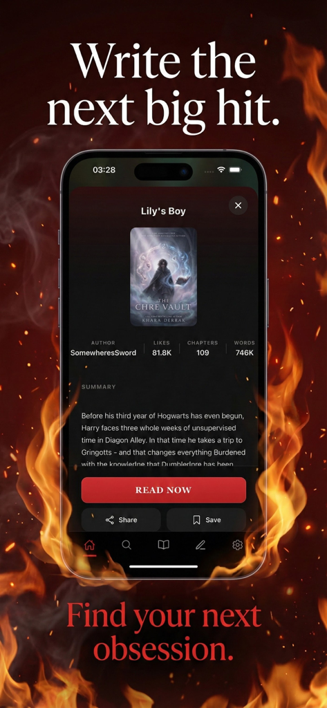 Interfaz de aplicación móvil para AOE Archive of our Fanfiction que muestra un resumen y estadísticas de la historia sobre un fondo ardiente.