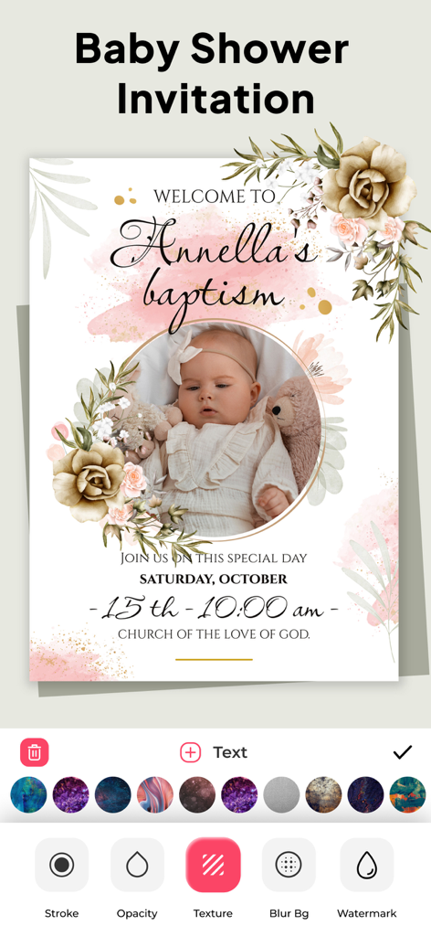 Invitation Card Maker . RSVP - A mobile interface for designing a baptism invitation with a photo of a baby and floral decorations